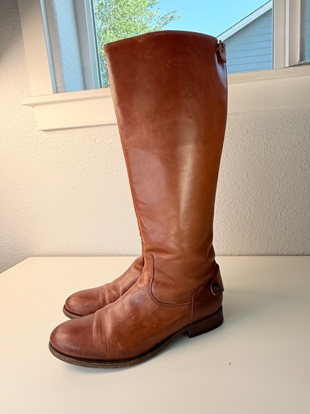 Frye Tall Riding Boots Cognac Leather with button Pull On Boots Womens 8